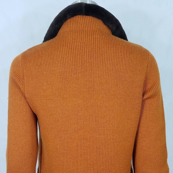 Carlisle burnt orange full zip 100% Merino wool cardigan faux fur trim Small - Picture 8 of 10